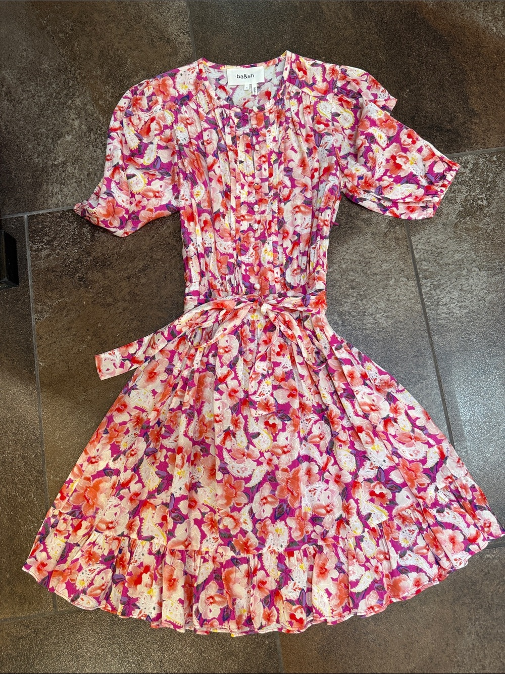 ba&sh Pink and Purple Floral Tie-Waist Mini Dress
